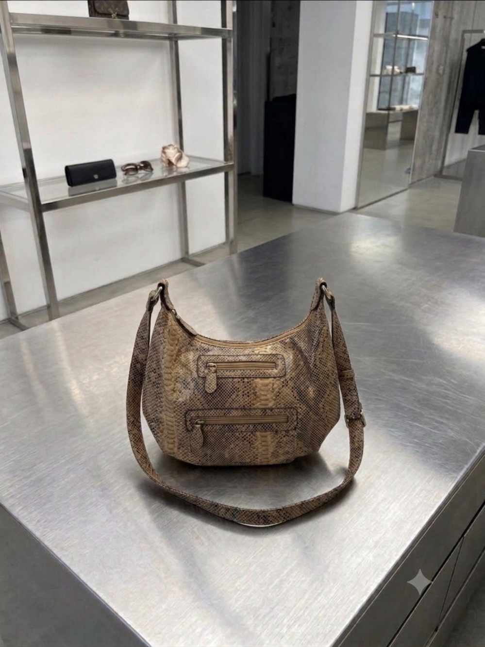 Brown Snake-Print Shoulder Bag
